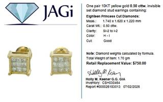 10K Yellow Gold 0.50 CTW Princess Cut Diamond Invisible Set Stud Earrings